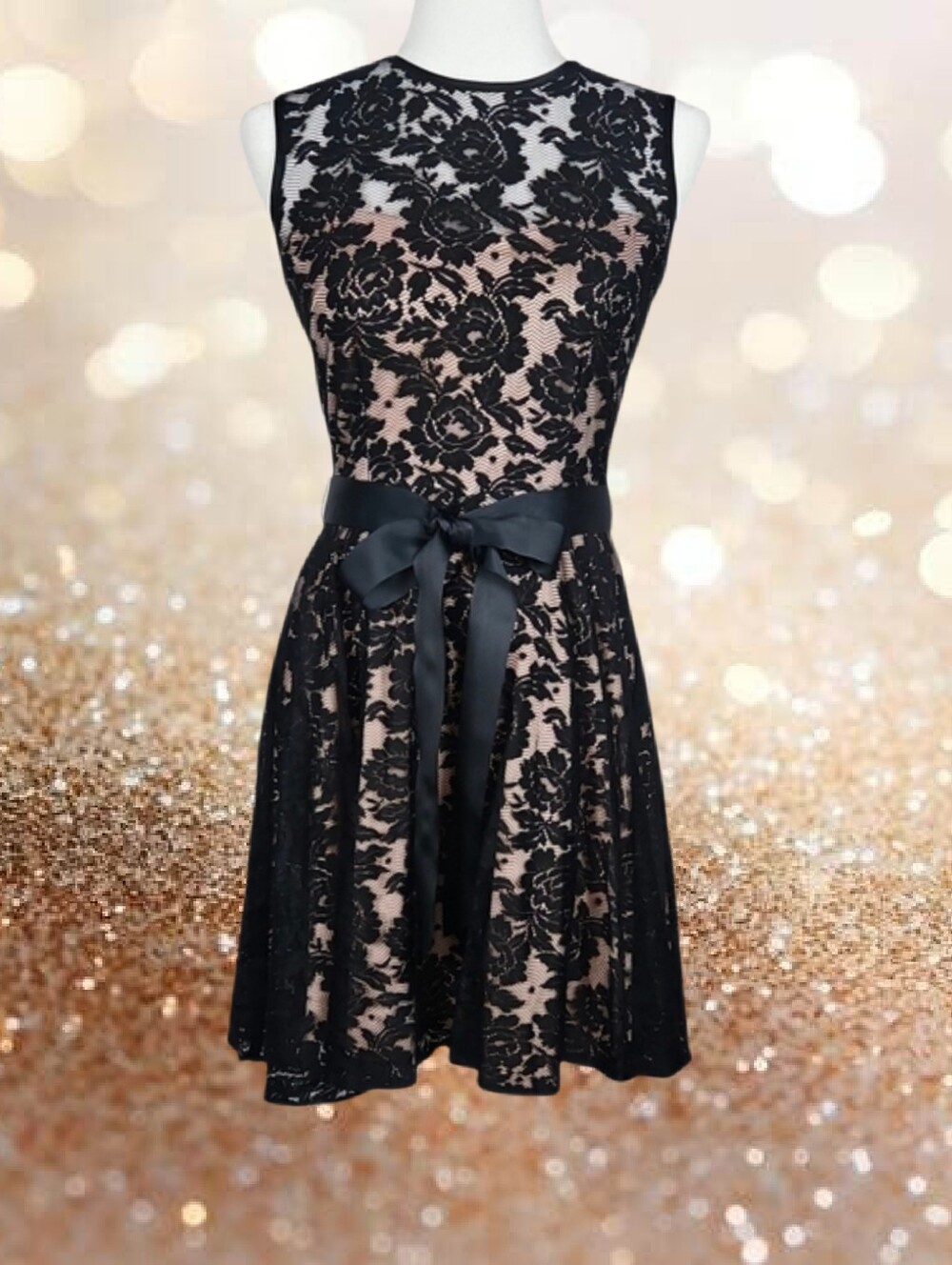 Romantic Black Lace Overlay Cocktail Dress Party Semi Formal Special Occasion, S